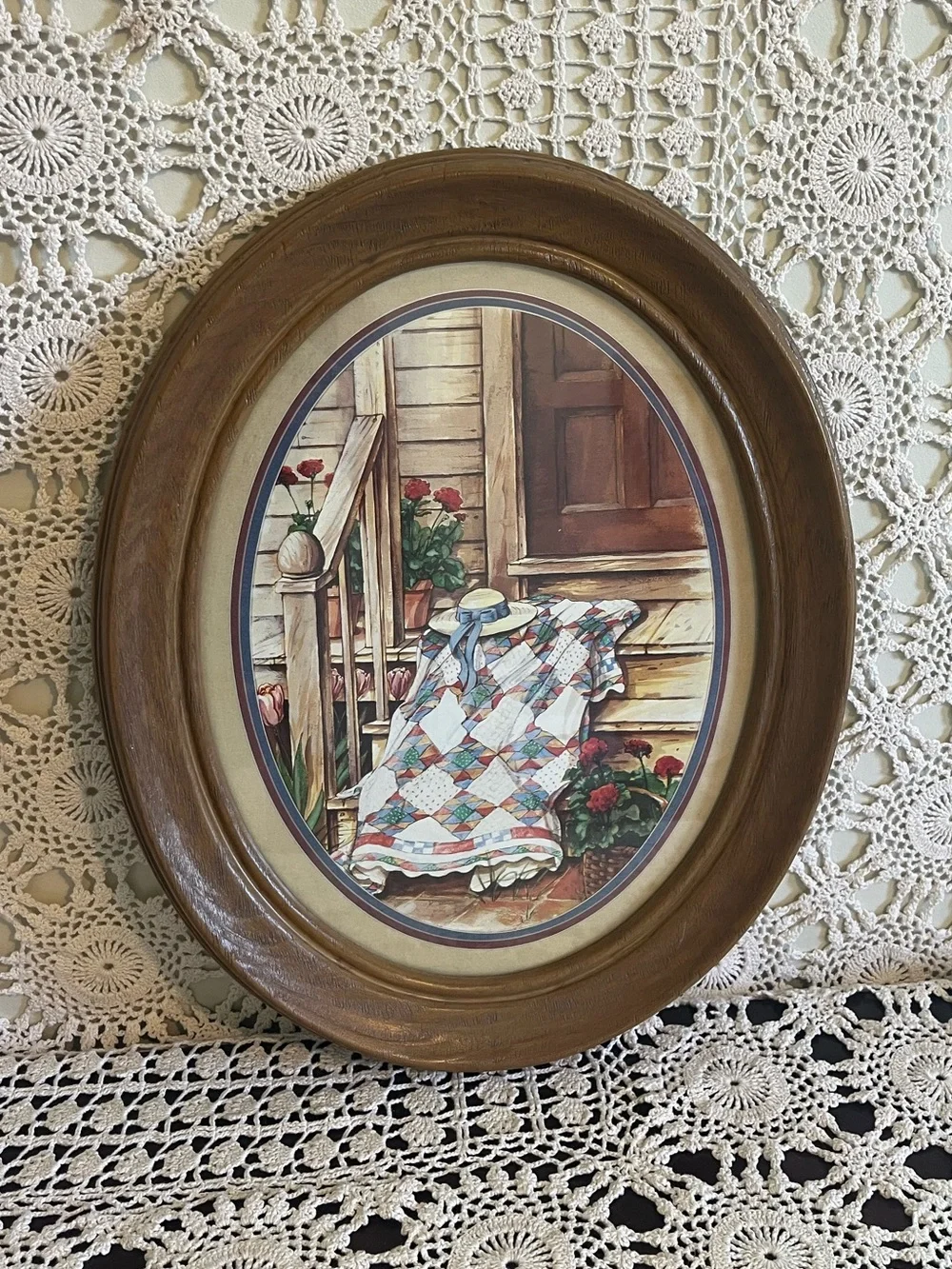 Cottagecore wall art primitive framed art front porch faux wood oval frame